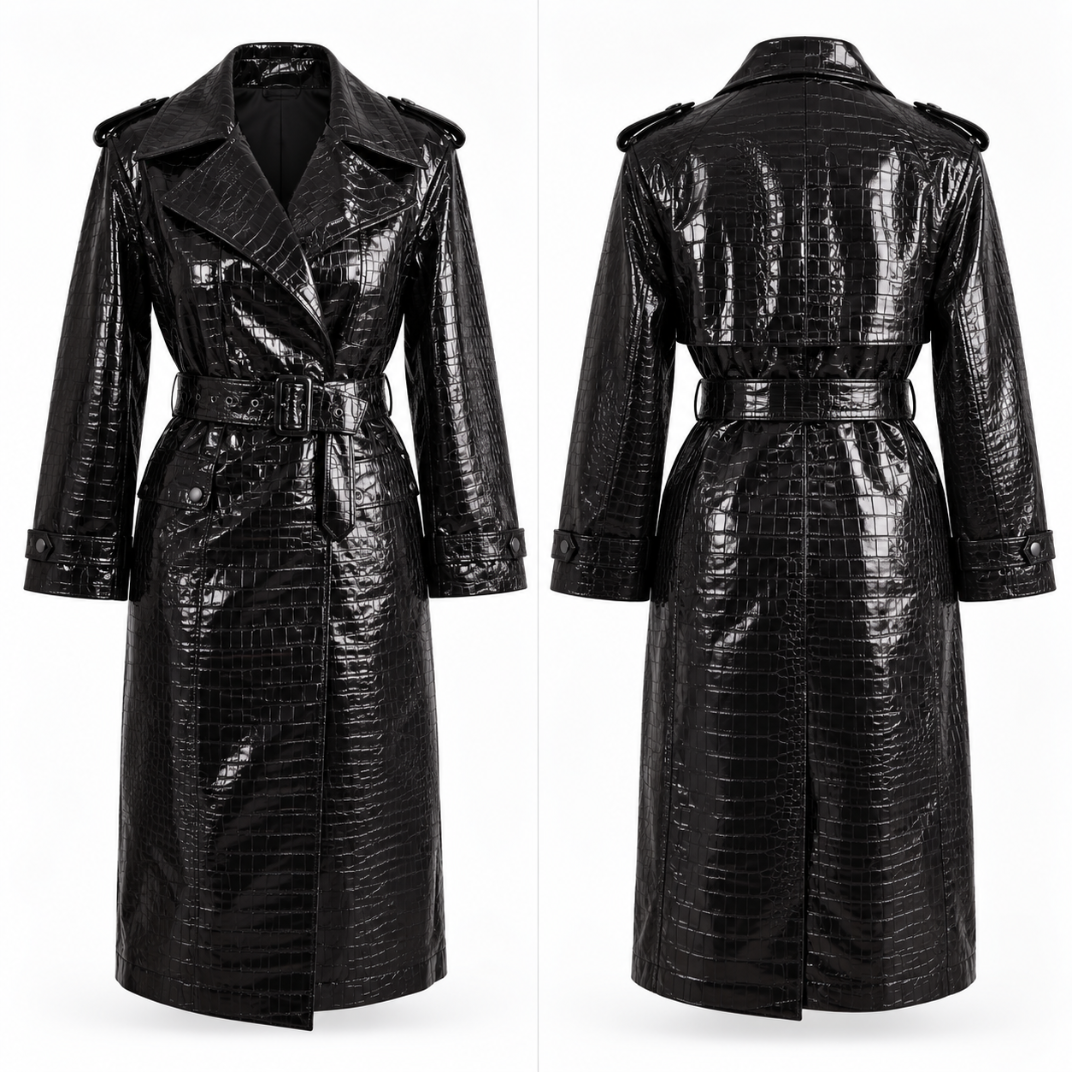 Trench Long Femme en PU Effet Crocodile – Noir | Vanina Paris